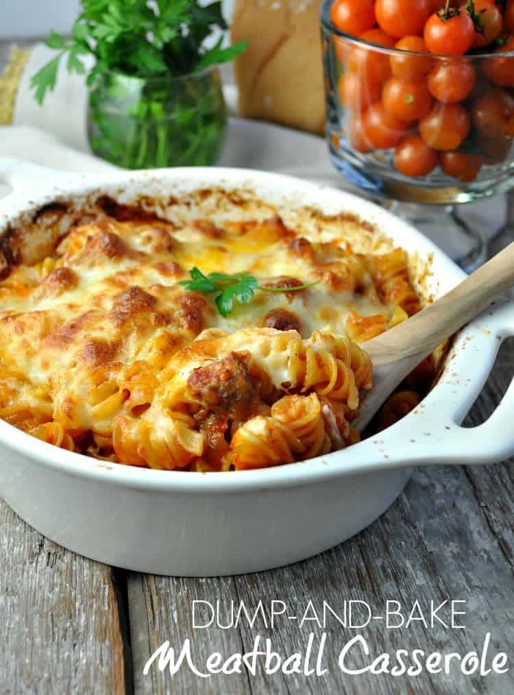You don't even have to boil the pasta with this easy Dump-and-Bake Meatball Casserole!