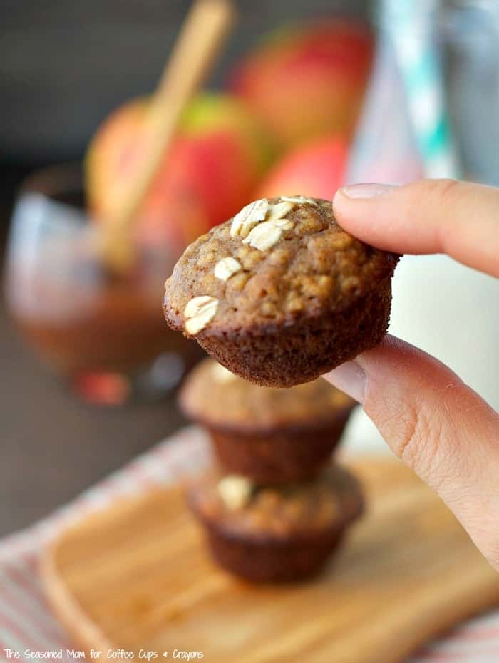 Prep-ahead for busy fall mornings with a batch of Apple Butter Oatmeal Mini Muffins! 