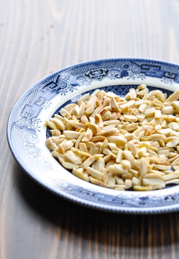 Toasted slivered almonds on a plate