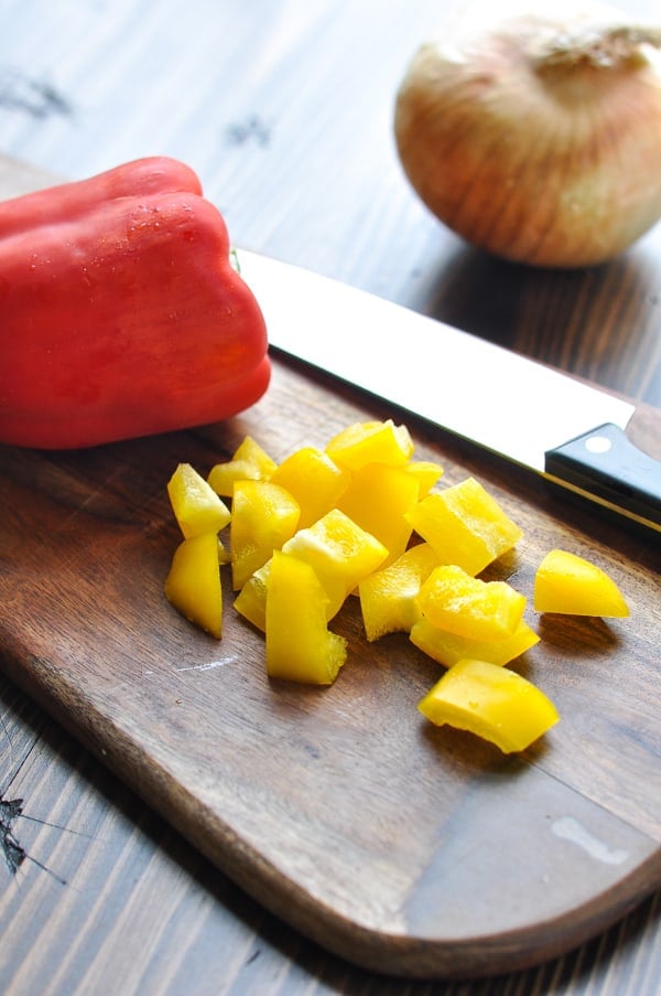 Chopped bell pepper on a cutting board