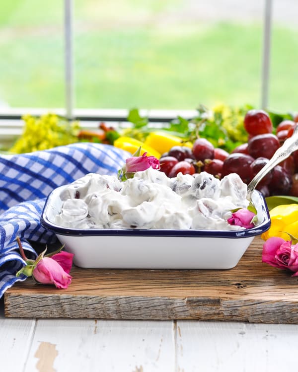Dish of easy 3-ingredient grape salad for a healthy side dish at your next cookout!
