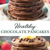 Long collage image of healthy chocolate chip pancakes.