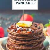 Healthy chocolate chip pancakes with text title overlay.