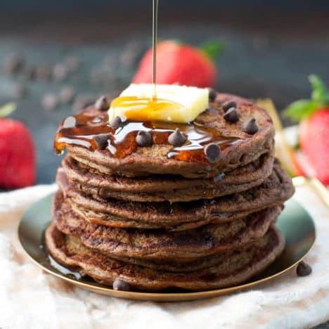 Square side shot of a stack of healthy chocolate chip pancakes