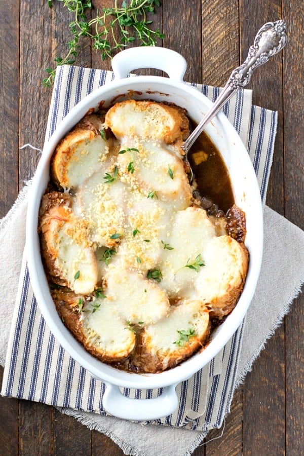 Overhead shot of an easy French Onion Soup Casserole in a white baking dish