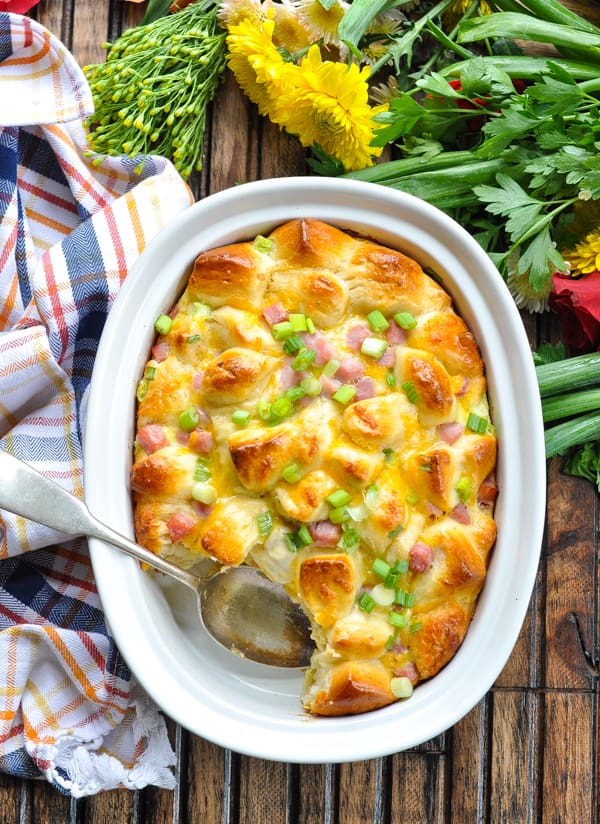Overhead image of Overnight Ham Egg and Cheese Monkey Bread garnished with green onions