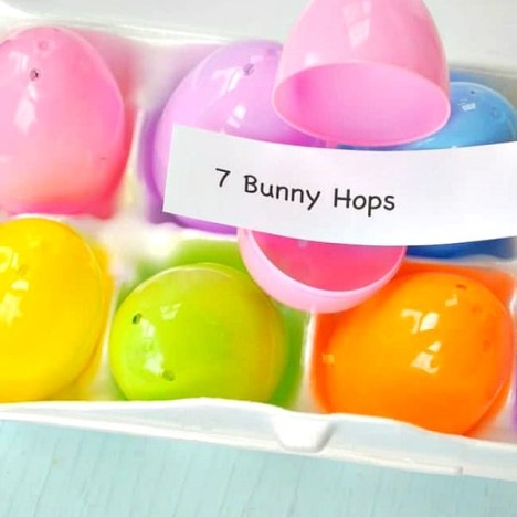 Container of plastic easter eggs with exercises included and a text overlay