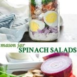 Long collage of Mason Jar Spinach Salad recipe with bacon