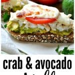 A collage image of an avocado and crab melt