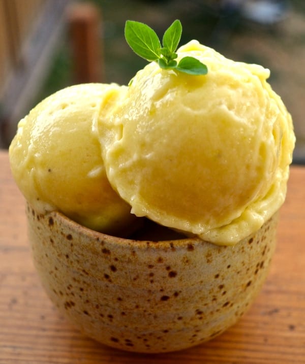 Two scoops of healthy mango banana ice cream served in a dish with a fresh sprig of mint.