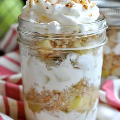 A close up of an overnight breakfast parfait in a jar