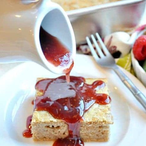 Baked pancakes with peanut butter and jelly on a plate