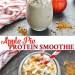 Long vertical image of vegan apple pie protein smoothie