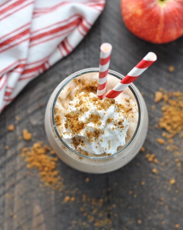 Overhead close up of apple pie protein smoothie