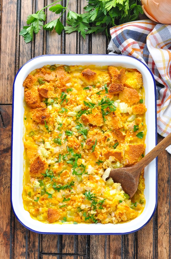 Overhead image of baked Cowboy Casserole in blue and white dish