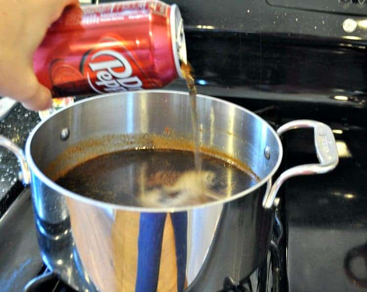 Making the barbecue sauce for Crispy Dr. Pepper Barbecue Chicken Wings in a large saucepan