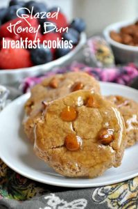 A close up of glazed honey bun breakfast cookies