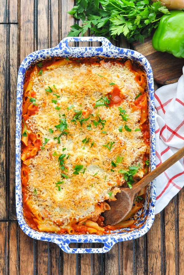 Long overhead view of baking dish of Chicken Parmesan Casserole