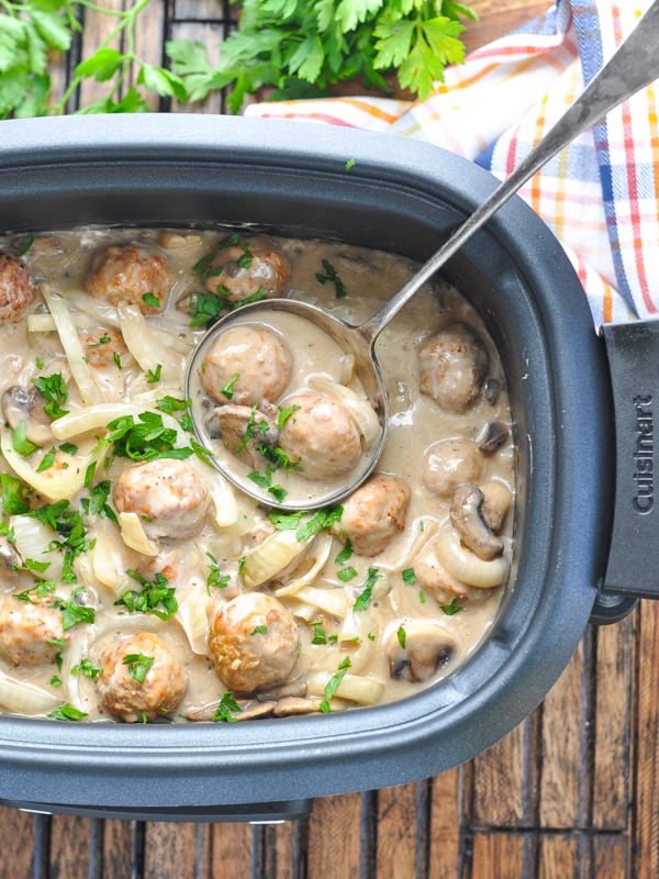 Overhead image of meatball stroganoff in a slow cooker