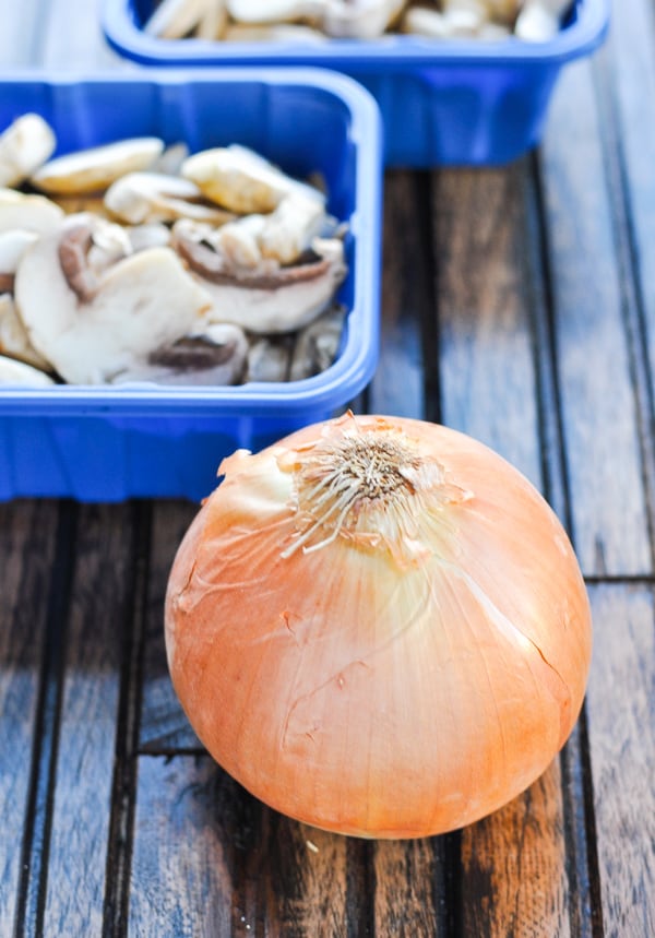 Onion and mushrooms for meatball stroganoff