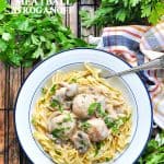 Overhead image of bowl of noodles and slow cooker meatball stroganoff with text overlay