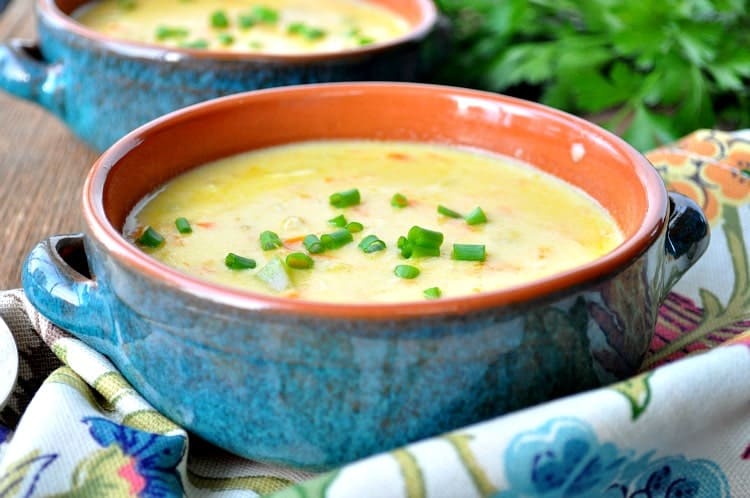 A close up of cheese chicken chowder with green onions