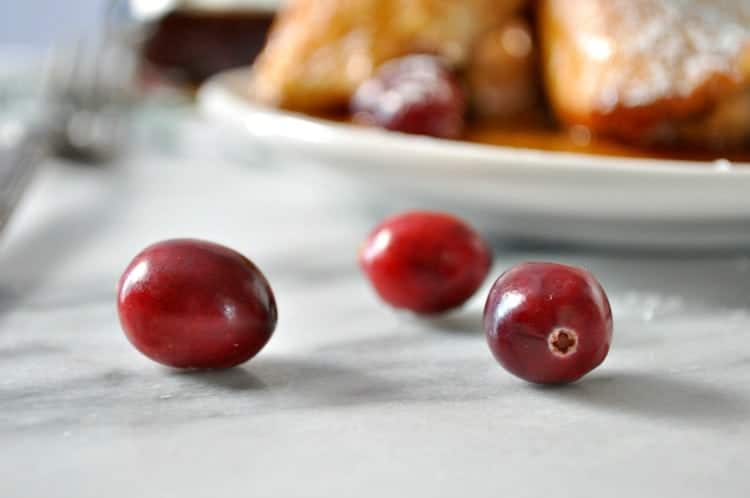 A close up of cranberries used to make overnight french toast casserole