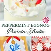 Long collage image of Dairy free peppermint eggnog protein shake.