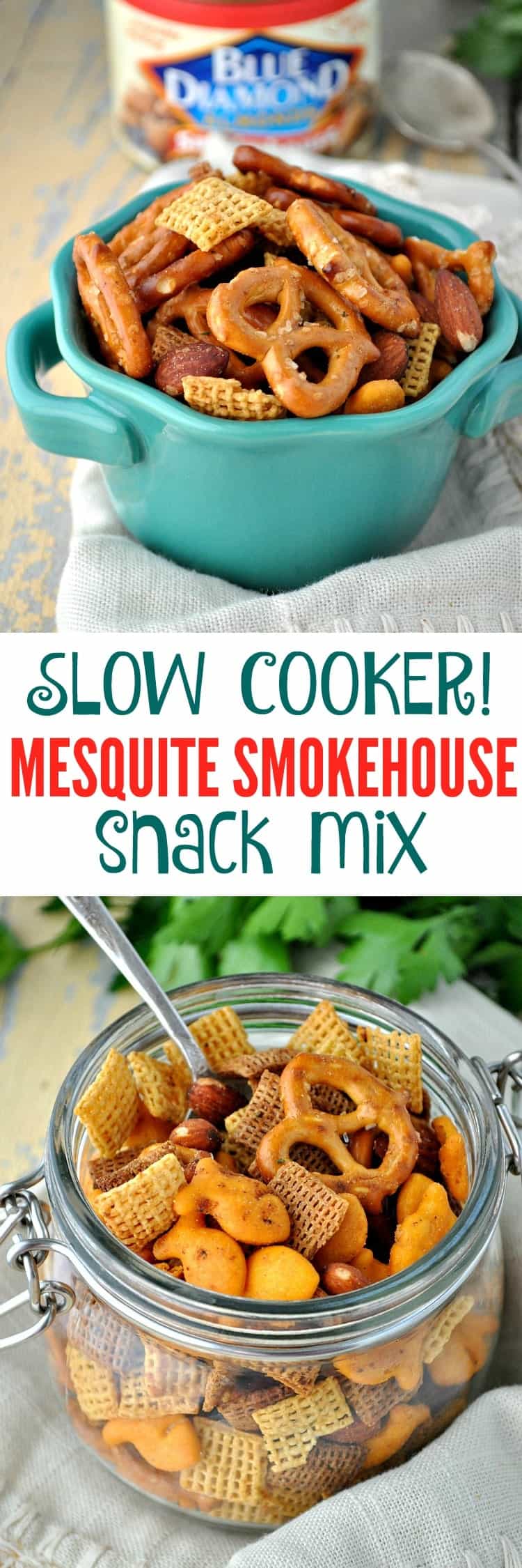 This Slow Cooker Mesquite Smokehouse Snack Mix is a salty, crunchy, and spicy easy appetizer for game day gatherings and festive holiday parties!