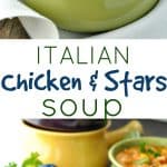 A collage image of chicken and stars soup