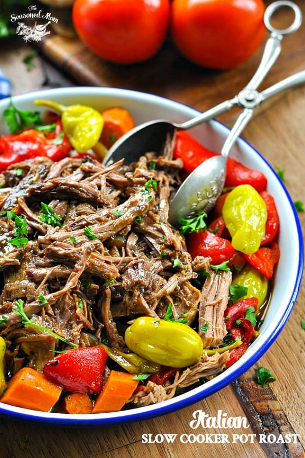 Close image with text overlay of Italian Crock Pot Roast Beef