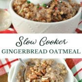 Long collage image of gingerbread slow cooker oatmeal.