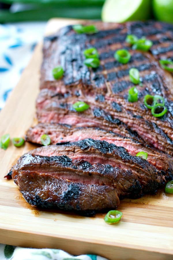 Close up shot of grilled and sliced easy marinated flank steak