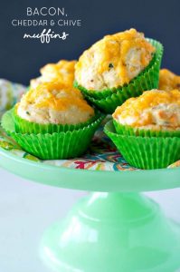 A stack of cheese and chive bacon muffins