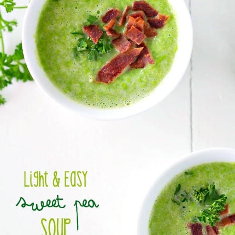 An over head shot of two bowls of sweet pea soup