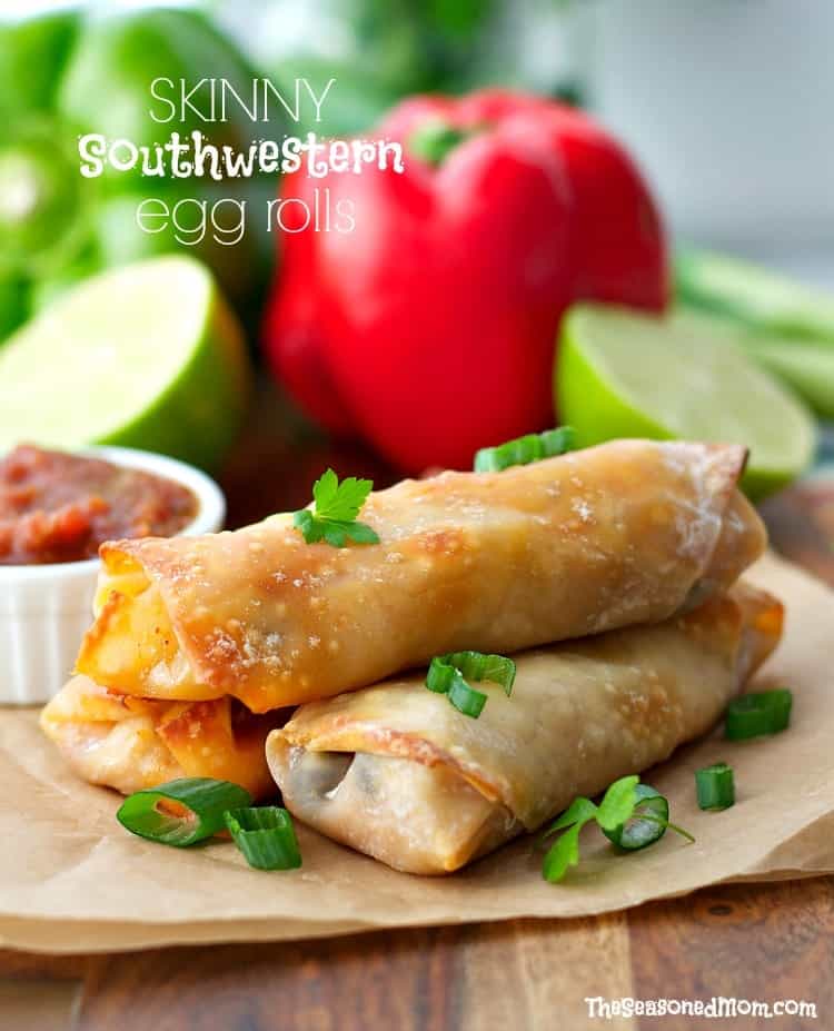 A stack of Southwestern egg rolls with dipping sauce