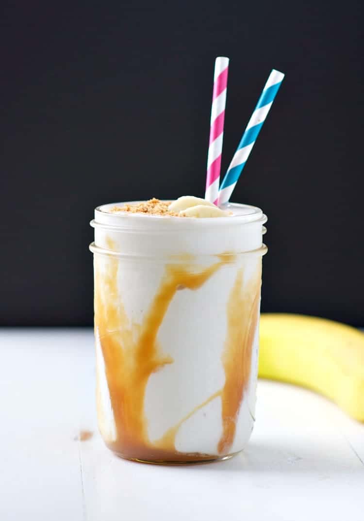 A side shot of a banoffee pie smoothie