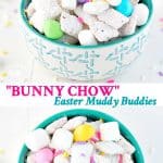 Long collage of Easter Muddy Buddies Recipe called Bunny Chow
