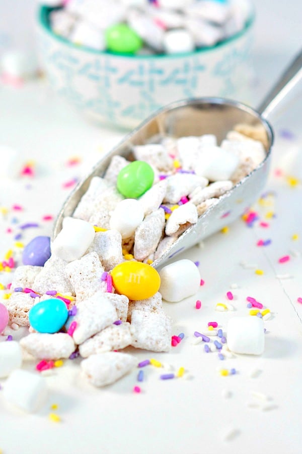 Scoop of Easter Muddy Buddies Chex Mix