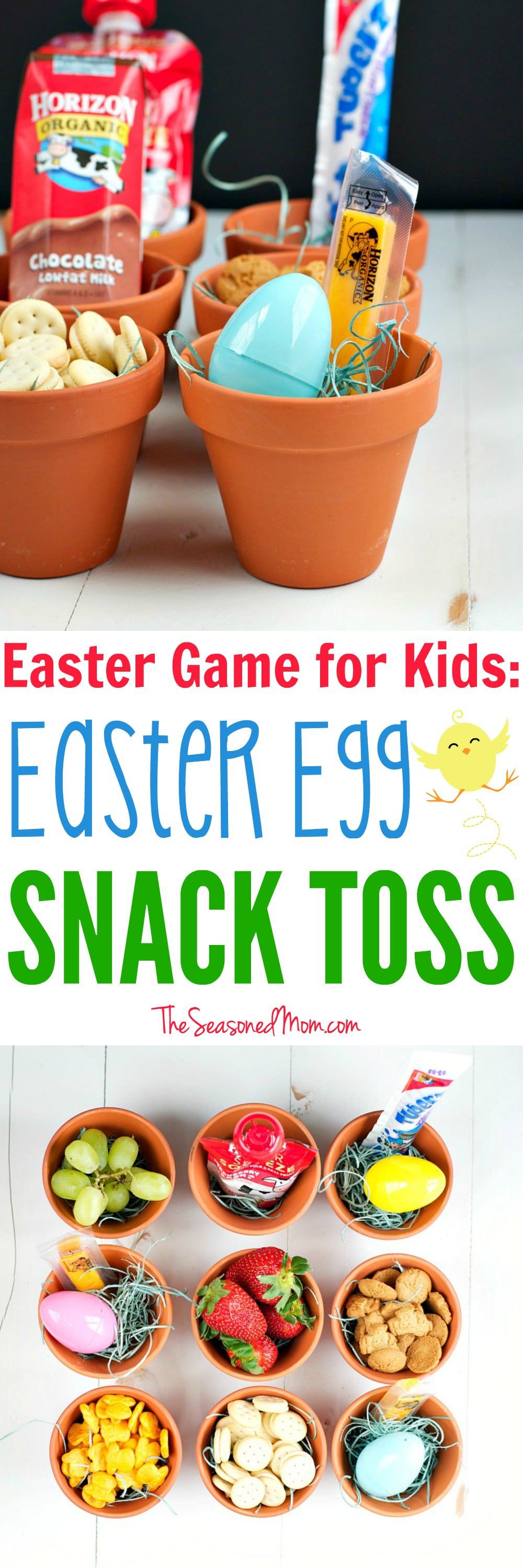 An Easter Egg Snack Toss is an easy Easter Game for Kids -- and it will keep the youngsters active and energized throughout the holiday!