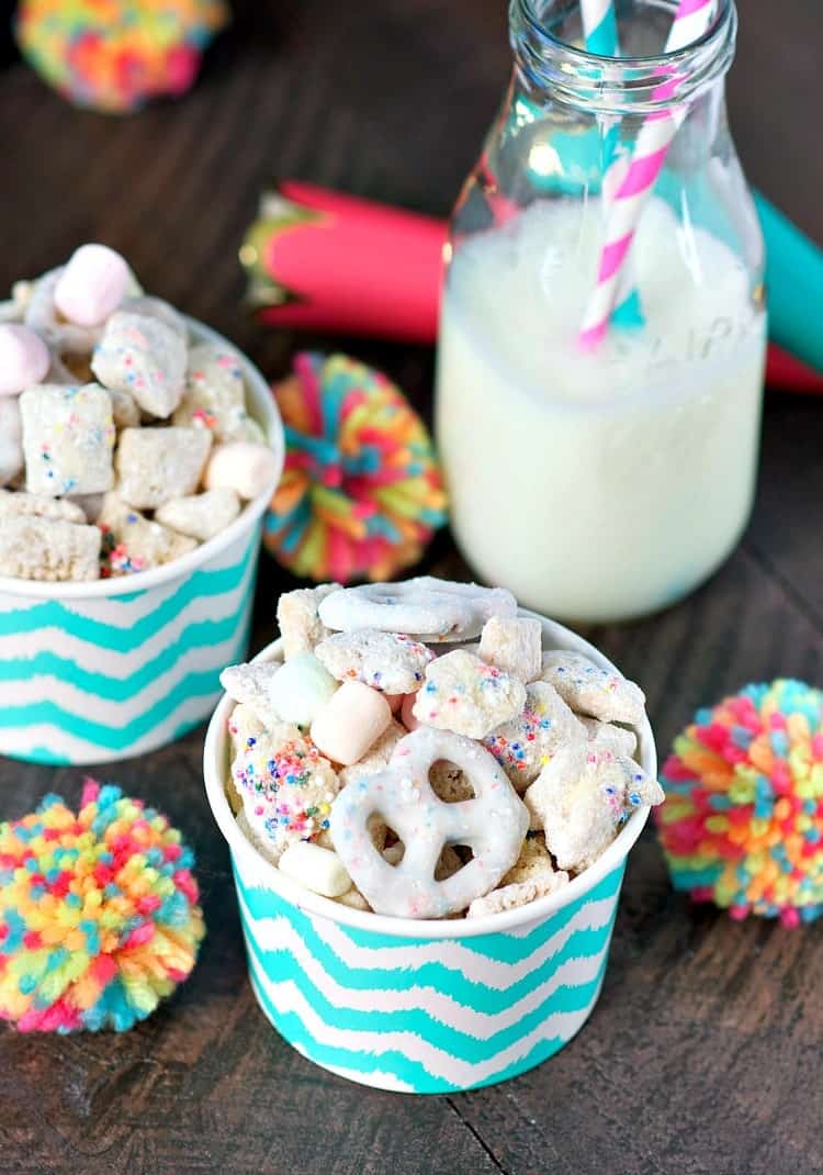 This salty-and-sweet Birthday Cake Snack Mix is the perfect nut-free snack or dessert to serve at parties, in the school classroom, or for any other festive celebration!