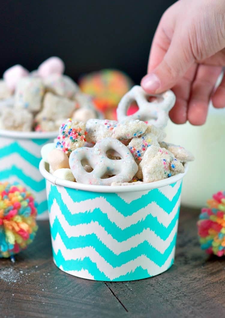 This salty-and-sweet Birthday Cake Snack Mix is the perfect nut-free snack or dessert to serve at parties, in the school classroom, or for any other festive celebration!