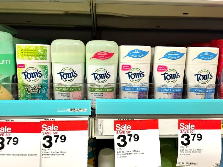 Toms deodorants on a supermarket shelf