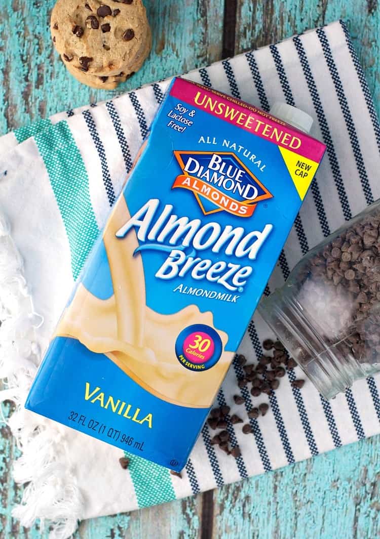An overhead shot almond breeze vanilla milk used to make a cookie dough smoothie