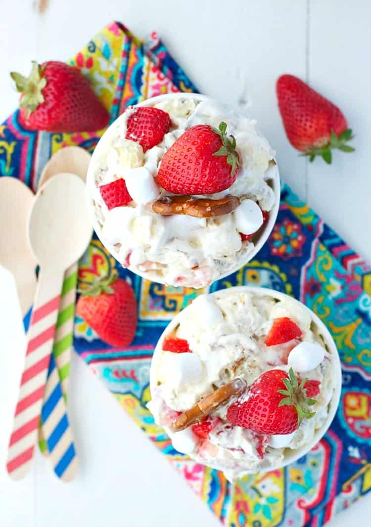 This salty, sweet, creamy, and crunchy Strawberry Pretzel Fluff is sure to be the hit at all of your summer parties! It's an easy 10-minute dessert salad that disappears FAST at any potluck, picnic, cookout, or other festive gathering!