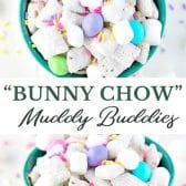 Long collage image of Easter muddy buddies (bunny chow).