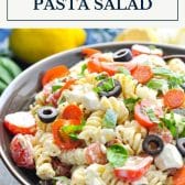Creamy Italian pasta salad with text title box at top.
