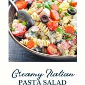 Creamy Italian pasta salad with text title at bottom.