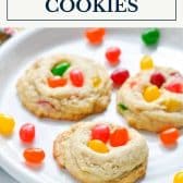 Jelly bean cookies with text title box at top.