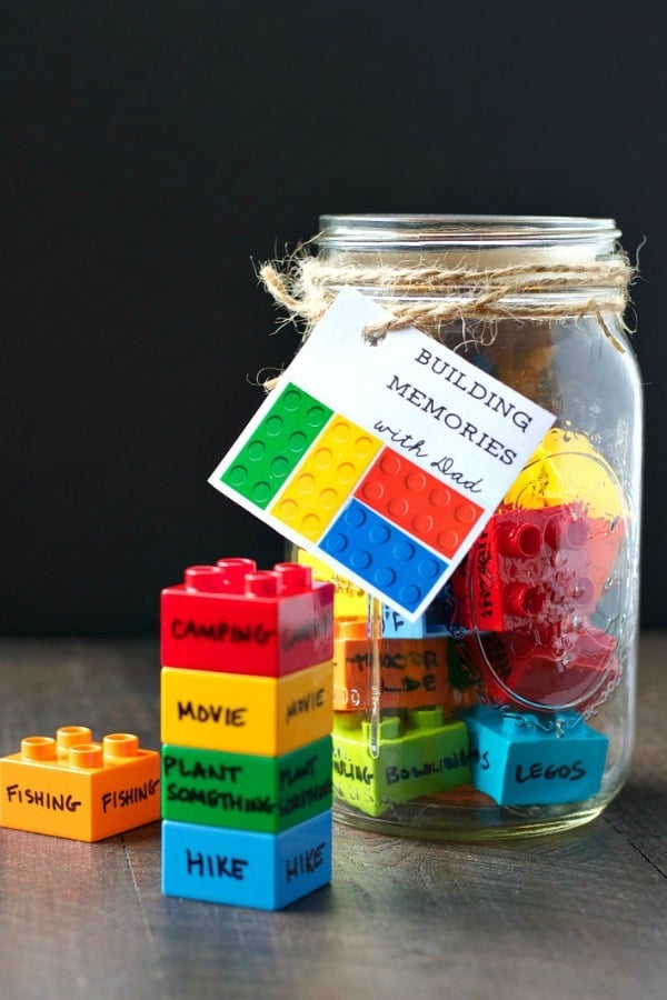 Jar filled with Lego Duplos for an easy DIY Father's Day Gift Idea